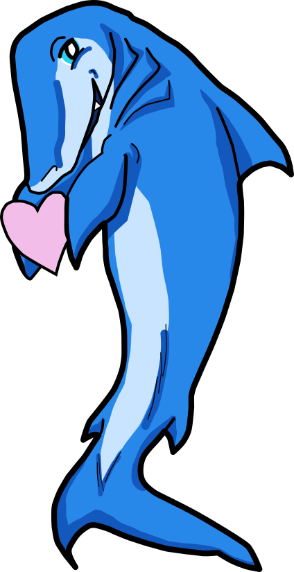 Blue shark mascot holding a light pink heart